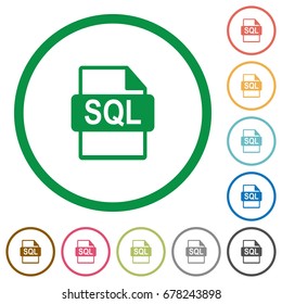 SQL file format flat color icons in round outlines on white background