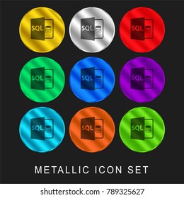 Sql file format symbol 9 color metallic chromium icon or logo set including gold and silver