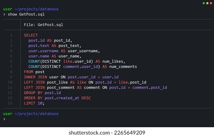 Consulta SQL Seleccionar entradas de la base de datos. Código SQL de base de datos relacional (lenguaje de consulta estructurado). Ejemplo de código SQL para consultar datos de un servidor. Fondo vectorial. 