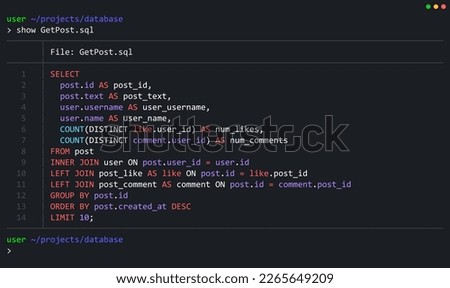 SQL Query Select Posts from Database. Relational Database SQL (Structured Query Language) Code. Example of SQL Code to Query Data from a Server. Vector Background. 