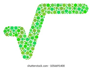Sqrt composition of filled circles in variable sizes and green color tones. Vector dots are composed into sqrt mosaic. Ecological design concept.