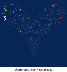 Sqrt fireworks stream. Vector illustration style is flat bright multicolored iconic symbols on a blue background. Object double fountain done from random pictograms.