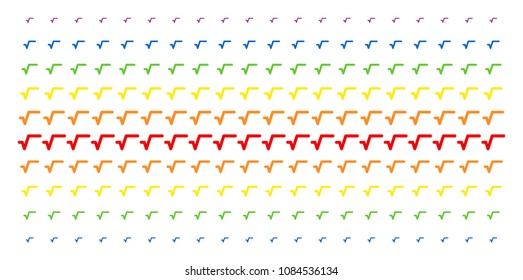 Sqrt icon rainbow colored halftone pattern. Vector objects organized into halftone array with vertical spectrum gradient. Constructed for backgrounds, covers, templates and abstract concepts.