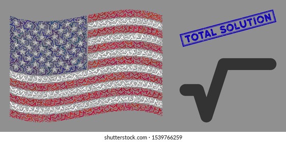 Sqrt items are organized into United States flag collage with blue rectangle rubber stamp seal of Total Solution phrase. Vector collage of USA waving state flag is made with sqrt items.
