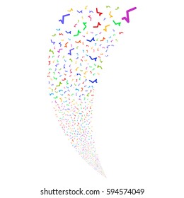 Sqrt random fireworks stream. Vector illustration style is flat bright multicolored iconic symbols on a white background. Object fountain combined from scattered pictographs.