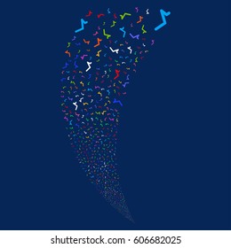 Sqrt random fireworks stream. Vector illustration style is flat bright multicolored iconic symbols on a blue background. Object fountain done from scattered icons.