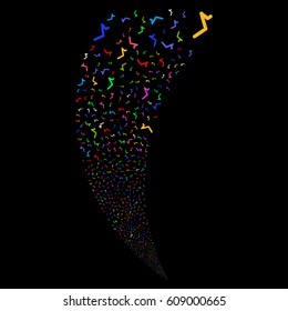 Sqrt random fireworks stream. Vector illustration style is flat bright multicolored iconic symbols on a black background. Object fountain constructed from scattered pictographs.