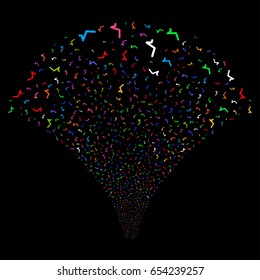 Sqrt salute stream. Vector illustration style is flat bright multicolored iconic symbols on a black background. Object explosion fountain made from random symbols.
