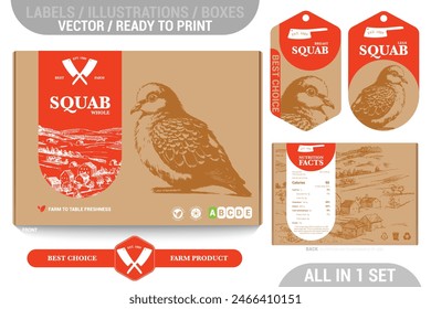 Squab game meat packaging design set featuring detailed hand drawn illustrations, accents and informative labels. Perfect for farms, butchers, and supermarkets seeking a high-quality meat 