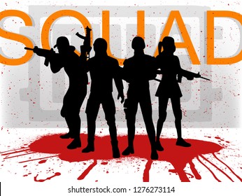 A squad of 4 people. Silhouettes in uniform. Vector illustration Squad 