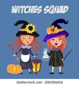 Squad of cute witches, Happy Halloween, two witches, blooming, sunflowers; trick or treat, witchcraft, lantern, pumpkin, magic wand, magic