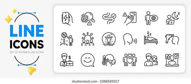 Squad, Dont touch and Smile face line icons set for app include Charging app, Digestion, Sick man outline thin icon. Fingerprint, Human sing, Sleep pictogram icon. Recovered person. Vector