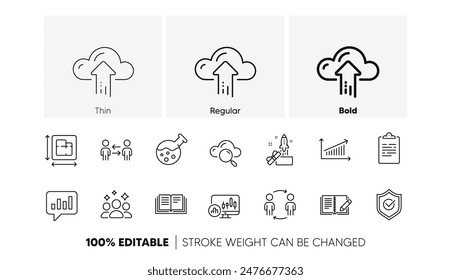 Squad, Feedback and Chart line icons. Pack of Teamwork business, Innovation, Cloud upload icon. Approved shield, Cloud computing, Floor plan pictogram. Education, Analytical chat. Line icons. Vector