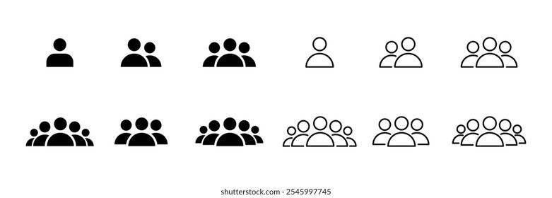 Ilustración vectorial Los iconos negros del vector del escuadrón diseñados en estilo relleno, contorno, línea y trazo se pueden utilizar para el Web, el móvil, la interfaz de usuario. Iconos vectoriales del equipo de usuario.