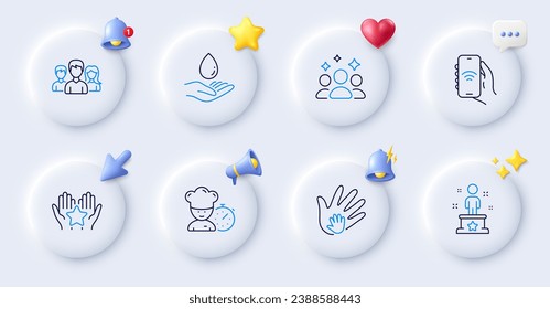 Squad, Internet app and Ranking line icons. Buttons with 3d bell, chat speech, cursor. Pack of Social responsibility, Water care, Chef icon. Success, Teamwork pictogram. For web app, printing. Vector