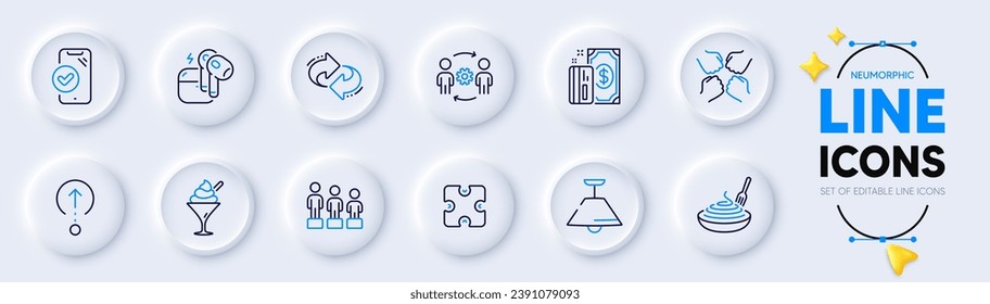 Squad, Payment and Headset line icons for web app. Pack of Ice cream, Engineering team, Equality pictogram icons. Ceiling lamp, Puzzle, Swipe up signs. Approved phone, Pasta dish, Refresh. Vector