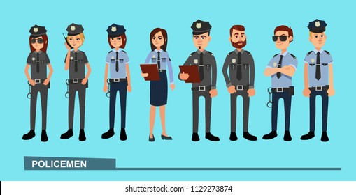 The squad of policemen in work clothes. Vector illustration