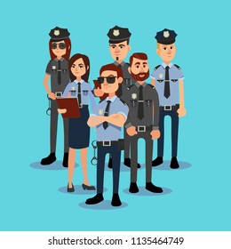 The squad of policemen in work clothes. Vector illustration