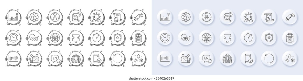 Squad, Recovery data and Time change line icons. White pin 3d buttons, chat bubbles icons. Pack of Puzzle, Group, Internet documents icon. Timer, Seo stats, Column diagram pictogram. Vector