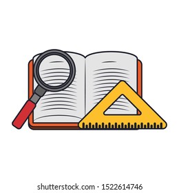 squad ruler with magnifying glass and academic book over white background, vector illustration