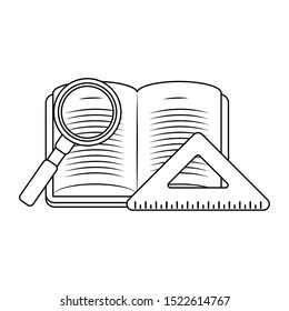 squad ruler with magnifying glass and academic book over white background, vector illustration