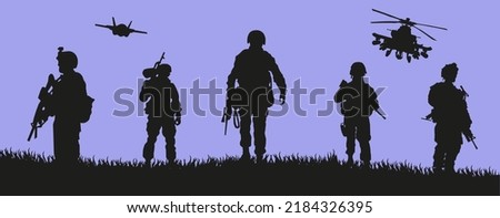 Squad soldier silhouette vector, warrior at war. Silhouette of the military with weapons during training.