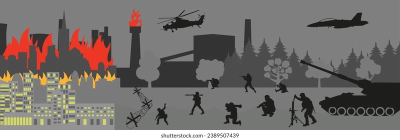 A squad of soldiers goes on the attack. Silhouettes of soldiers. Destruction of the city by war. ESP 10.