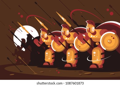 Squad of Spartans with shields and spears go on attack. Vector illustration