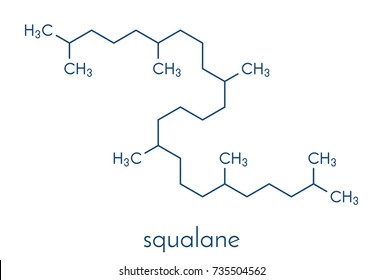 Squalane molecule. Saturated compound, derived from squalene. Used in cosmetics as emollient and moisturizer. Skeletal formula.