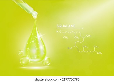 Gel líquido líquido verde claro de suero esqualano en el cuentagotas y la estructura. Complejo de vitaminas colágeno con fórmula química a partir de compuestos saturados por naturaleza. Se utiliza en cosméticos como emoliente y hidratante.  Vector.