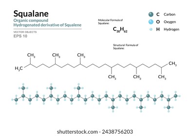 Squalane. Structural Chemical Formula and 3d Model of Molecule. C30H62. Atoms with Color Coding. Vector graphic Illustration for educational materials, scientific articles, and presentations