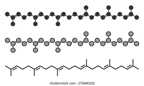 Squalene natural hydrocarbon molecule. Found in shark liver oil and number of plant sources. Stylized 2D renderings and conventional skeletal formula.
