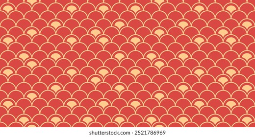 Squama background. Red scale seamless pattern. Chinese texture. Reptile skin or fish geometric graphics. Vector illustration. Horizontal banner with serpent surface.