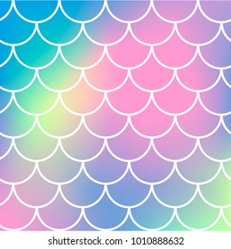 Squama on trendy gradient background. Square backdrop with squama ornament. Bright color transitions. Mermaid tail banner and invitation. Underwater and sea pattern. Rainbow colors.