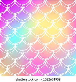 Squama on trendy gradient background. Square backdrop with squama ornament. Bright color transitions. Mermaid tail banner and invitation. Underwater and sea pattern. Rainbow colors.