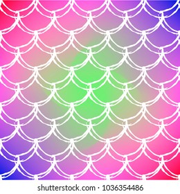 Squama on trendy gradient background. Square backdrop with squama ornament. Bright color transitions. Mermaid tail banner and invitation. Underwater and sea pattern. Rainbow colors.