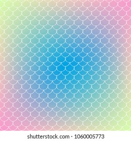 Squama on trendy gradient background. Square backdrop with squama ornament. Bright color transitions. Mermaid tail banner and invitation. Underwater and sea pattern. Blue, yellow, pink colors.