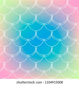 Squama on trendy gradient background. Square backdrop with squama ornament. Bright color transitions. Mermaid tail banner and invitation. Underwater and sea pattern. Rainbow colors.