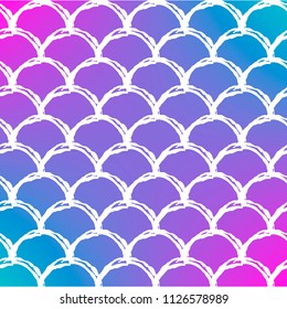 Squama on trendy gradient background. Square backdrop with squama ornament. Bright color transitions. Mermaid tail banner and invitation. Underwater and sea pattern. Blue, purple, pink colors.