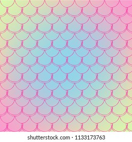 Squama on trendy gradient background. Square backdrop with squama ornament. Bright color transitions. Mermaid tail banner and invitation. Underwater and sea pattern. Blue, yellow, pink colors.