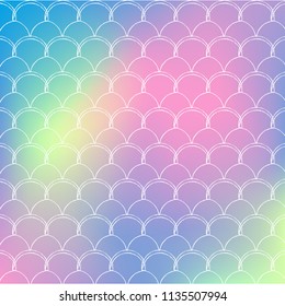 Squama on trendy gradient background. Square backdrop with squama ornament. Bright color transitions. Mermaid tail banner and invitation. Underwater and sea pattern. Rainbow colors.
