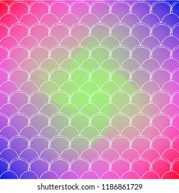 Squama on trendy gradient background. Square backdrop with squama ornament. Bright color transitions. Mermaid tail banner and invitation. Underwater and sea pattern. Rainbow colors.