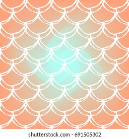 Squama on trendy gradient background. Square backdrop with squama ornament. Bright color transitions. Mermaid tail banner and invitation. Underwater and sea pattern. Warm peachy colors.
