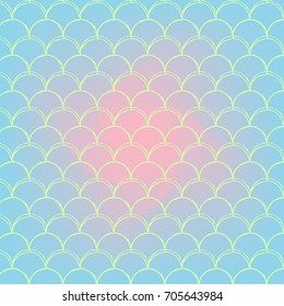 Squama on trendy gradient background. Square backdrop with squama ornament. Bright color transitions. Mermaid tail banner and invitation. Underwater and sea pattern. Blue, rose, pink colors.