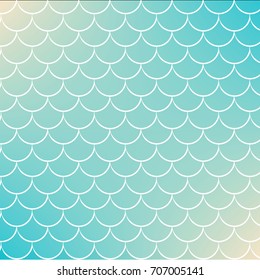 Squama on trendy gradient background. Square backdrop with squama ornament. Bright color transitions. Mermaid tail banner and invitation. Underwater and sea pattern. Turquoise, blue colors.