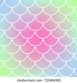 Squama on trendy gradient background. Square backdrop with squama ornament. Bright color transitions. Mermaid tail banner and invitation. Underwater and sea pattern. Rainbow colors.