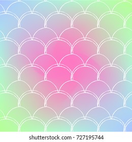 Squama on trendy gradient background. Square backdrop with squama ornament. Bright color transitions. Mermaid tail banner and invitation. Underwater and sea pattern. Rainbow colors.