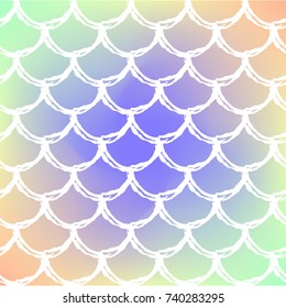 Squama on trendy gradient background. Square backdrop with squama ornament. Bright color transitions. Mermaid tail banner and invitation. Underwater and sea pattern. Blue, yellow, pink colors.
