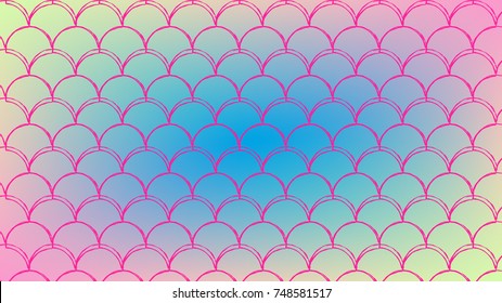 Squama on trendy gradient background. Horizontal backdrop with squama ornament. Bright color transitions. Mermaid tail banner and invitation. Underwater sea pattern. Rainbow colors.