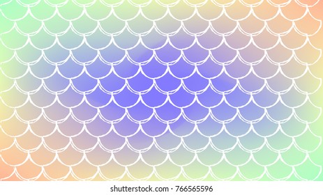 Squama on trendy gradient background. Horizontal backdrop with squama ornament. Bright color transitions. Mermaid tail banner and invitation. Underwater sea pattern. Rainbow colors.